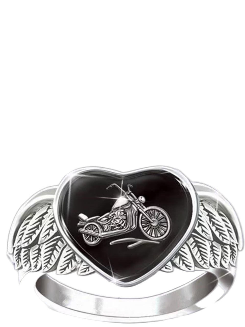 Silver Heart Ring with Black Enamel Motorcycle Motif Size 11 New